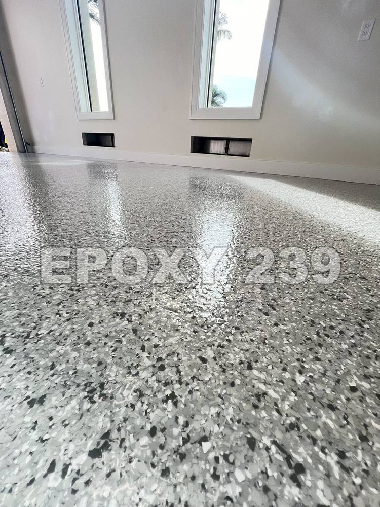 Close-up of a glossy flake epoxy floor