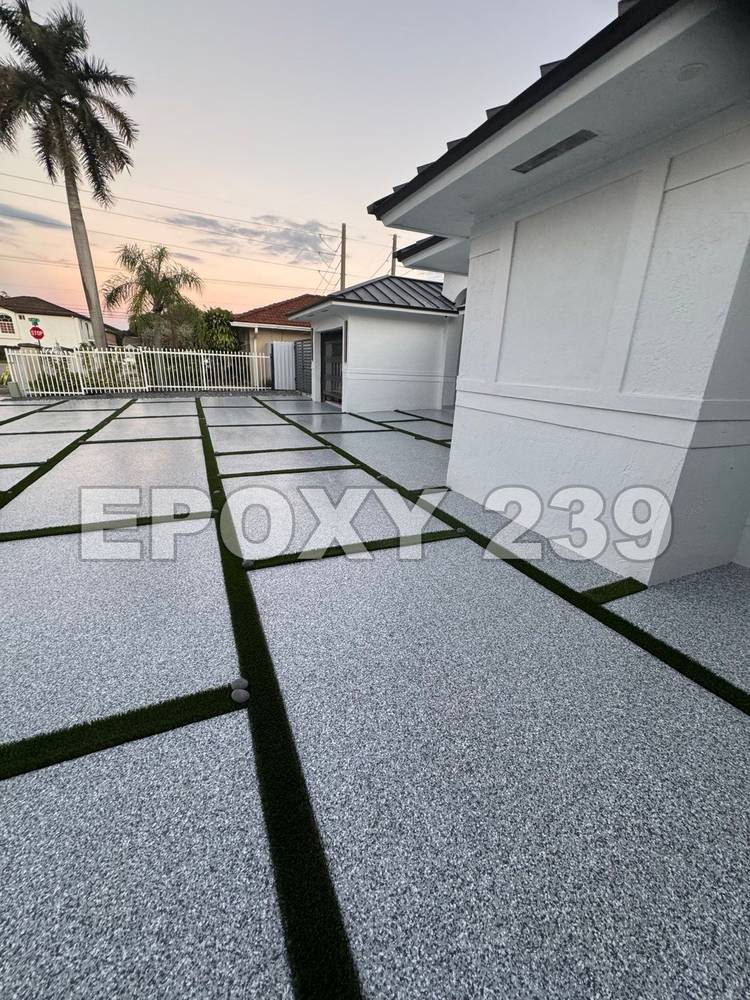 Patio pads with turf joints at sunset, flake epoxy